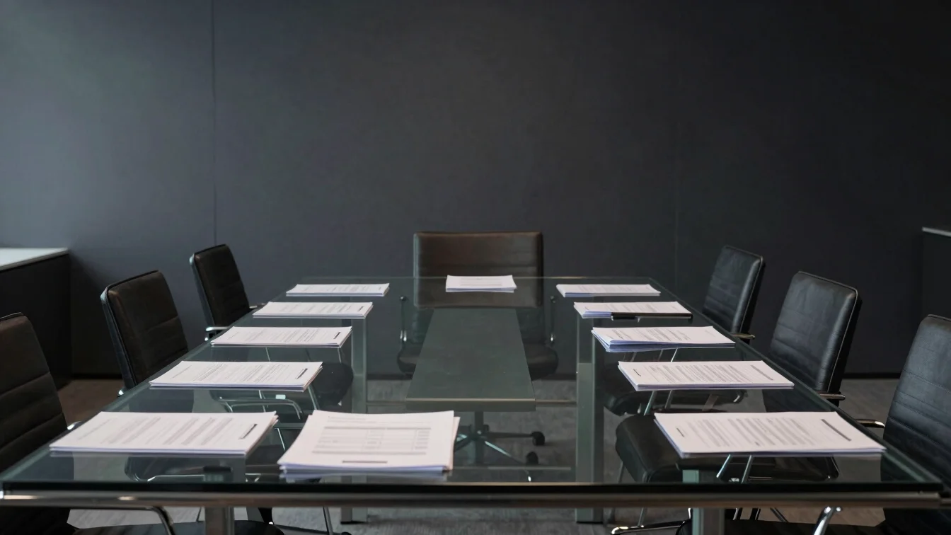 Minimalist high-end glass-and-steel boardroom with orderly docume