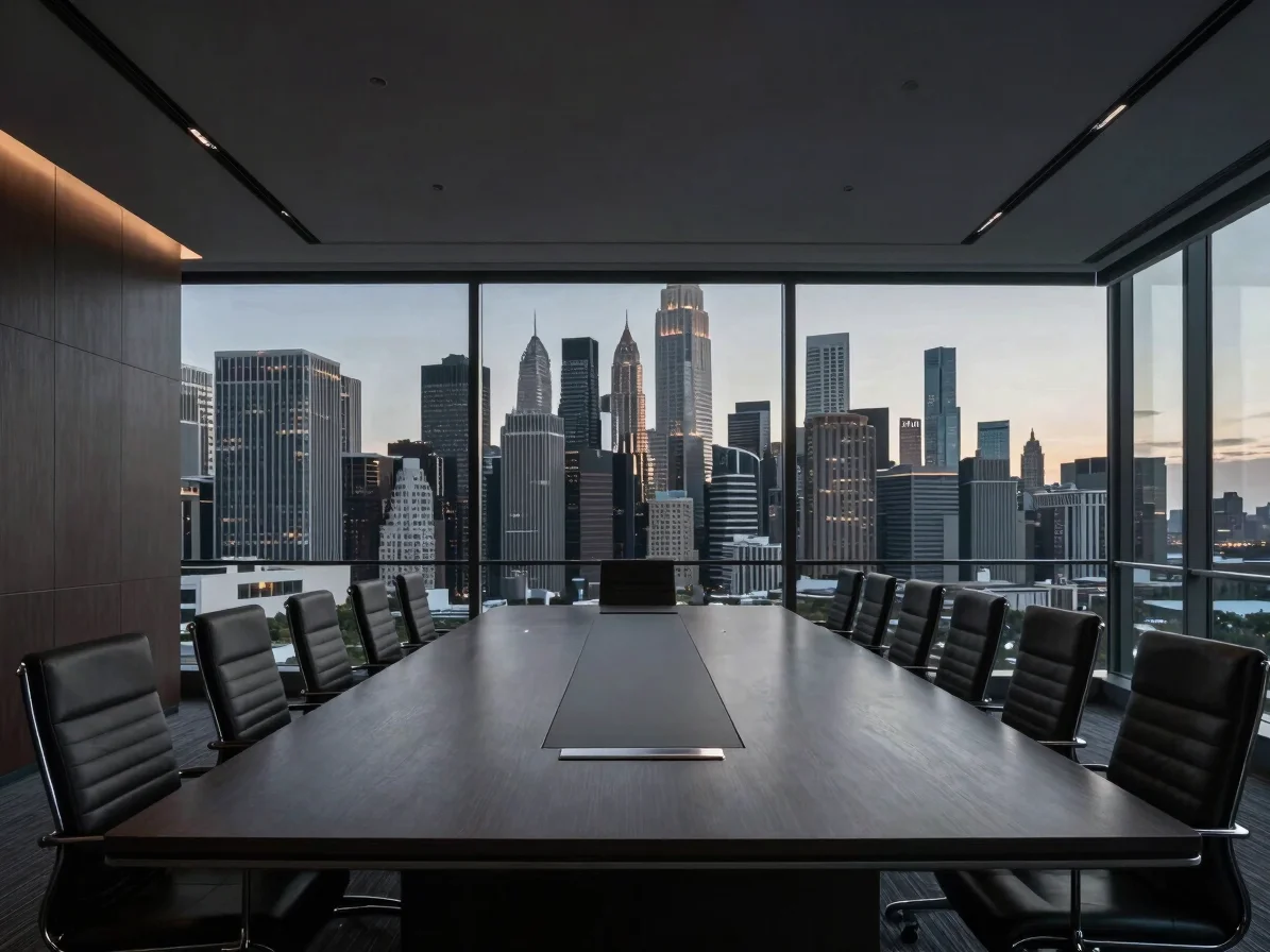 Wide architectural angle of an executive boardroom overlooking a metropolitan skyline under moody evening lighting.