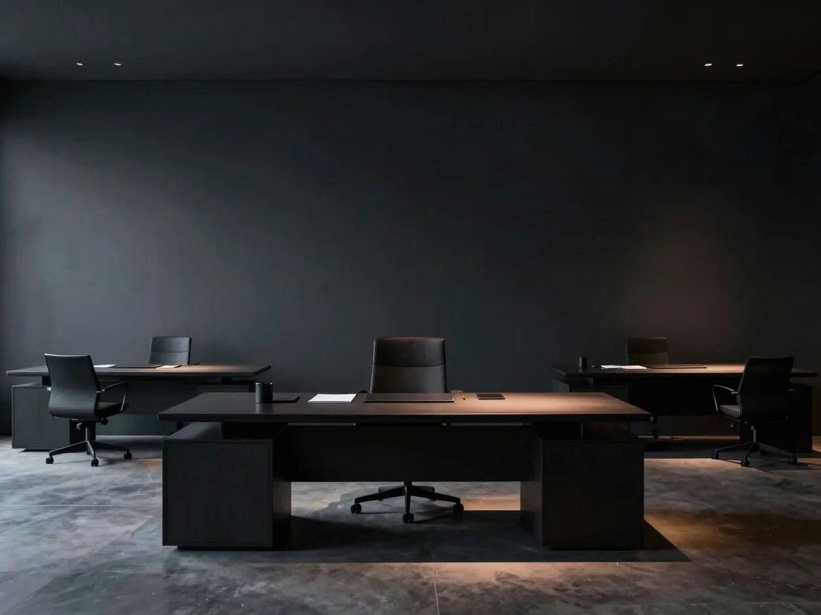 Minimalist dark executive workspace with subtle warm accent pools highlighting secure document reviews.