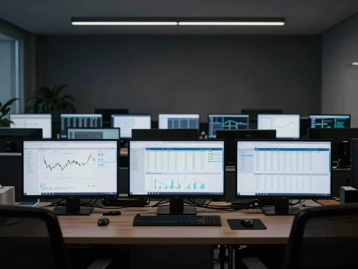 Low-key ambient photography of a modern analytical workspace displaying clean structured financial data interfaces.