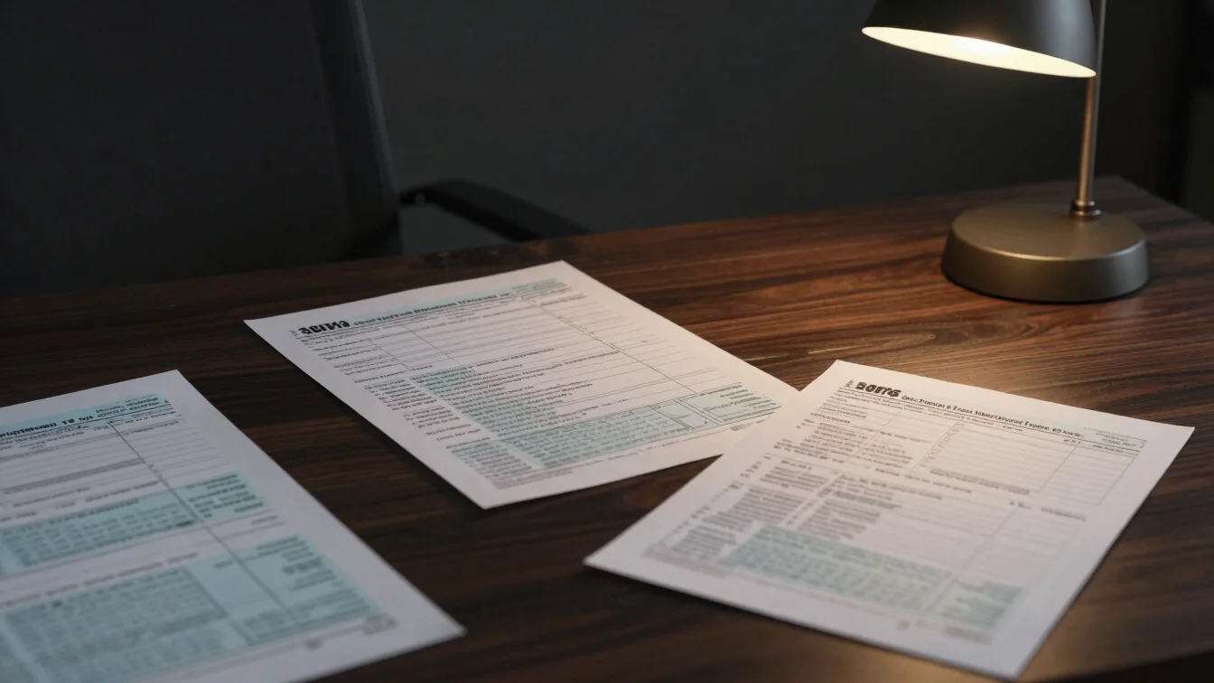Close up of corporate tax filings and financial statements on a d